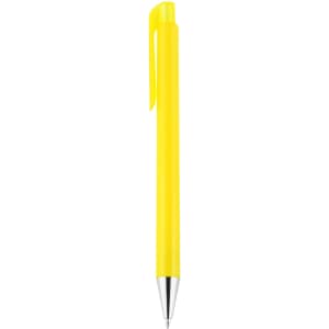 A bright yellow plastic pen with a silver tip and a clip. It features a logo on the barrel.