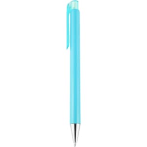 A turquoise plastic pen with a silver tip and a clip for easy attachment. It features a logo.