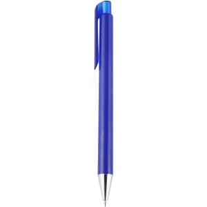 A blue plastic pen with a silver tip and a clip. The pen has a sleek design and features branding.