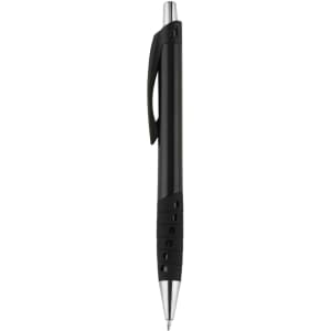 A black plastic pen with a contoured grip and a silver tip. The pen features a logo on its body.