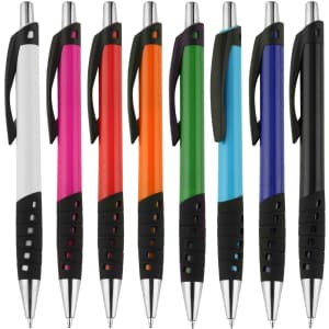 A selection of plastic pens in white, pink, orange, green, blue, and purple with black grips and chrome accents.