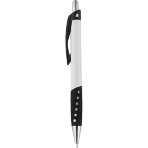 A plastic pen in white with a black grip and chrome accents, featuring a logo.