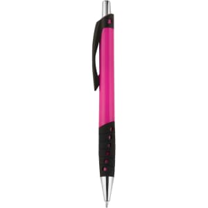 A pink plastic pen with a black grip and a pocket clip, featuring a shiny silver nib and branding.