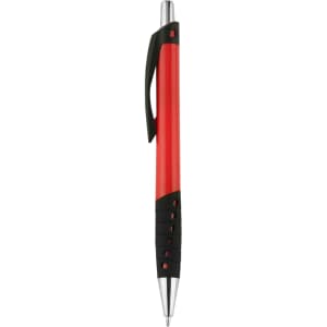 A red plastic pen with a black grip and clip, featuring a polished metal tip and branding.