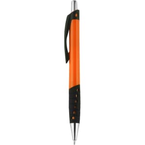 An orange plastic pen with a black grip and clip, featuring a silver tip. It has a logo displayed on its body.