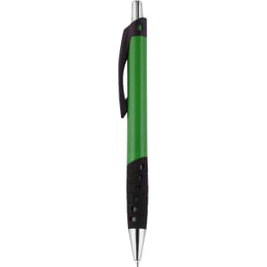 A green and black plastic pen with a smooth grip and a silver clip, featuring a logo on its body.