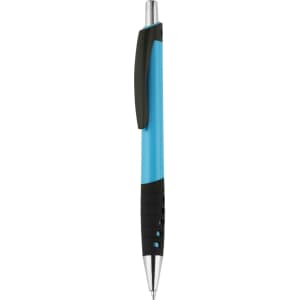 A plastic pen featuring a blue and black design, with grip and clip details. The pen has a sleek, modern look.