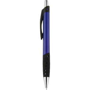 A blue plastic pen with a black grip and silver accents, featuring a logo on the barrel.