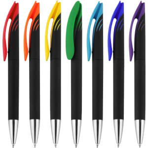 A set of plastic pens in red, yellow, green, blue, and purple with black grips and silver tips, featuring branding.