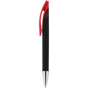 A plastic pen featuring a black barrel, red grip, and silver trim, complemented by a logo on the surface.