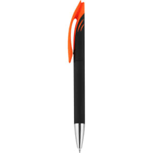 A black plastic pen with an orange grip and clip, featuring a metallic silver tip and branding.