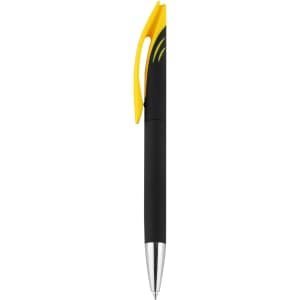 A plastic pen in black with a yellow accent and a silver tip, featuring a clip and branding.