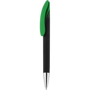 A plastic pen in black with a green grip and silver accents, featuring a logo on the barrel.