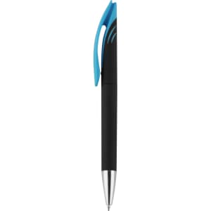 A black plastic pen with a blue clip and silver tip, featuring a logo on its side.