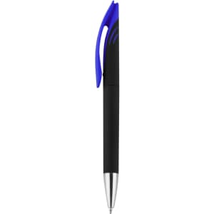 A black plastic pen with a blue clip and accents. The pen features a silver tip and has a logo.