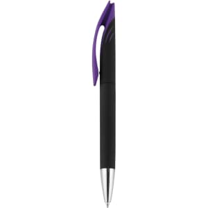 A plastic pen in black with a purple clip and a silver tip, featuring a logo on the barrel.