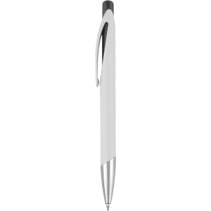 A plastic pen in white with silver accents, featuring a clip and a logo.