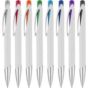 A collection of eight plastic pens with white bodies and coloured accents: orange, green, blue, purple, and black. Each has a silver tip.