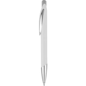 A plastic pen in white with a silver clip and tip, featuring a smooth design and a logo.