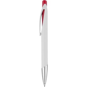 A plastic pen in white with a red top and silver accents. It features a branding logo.