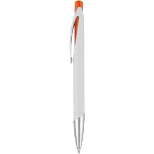 A plastic pen with a white body, orange accents, and a silver tip, featuring a branding logo.