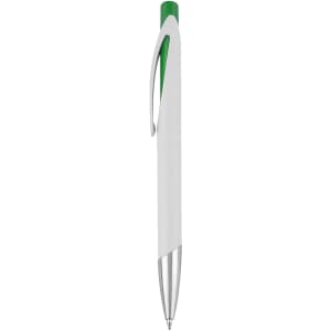 A white plastic pen with a green accent, featuring a silver clip and tip, and a logo on the barrel.