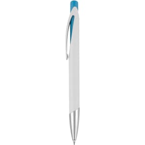 A plastic pen in white with a blue accent, featuring a silver tip and clip, also includes a logo.