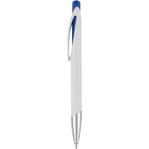 A plastic pen with a white body and blue accents, featuring a silver tip and clip. Includes a logo on the body.