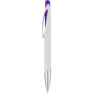 A plastic pen in white with a purple accent, featuring a sleek design and a silver tip.
