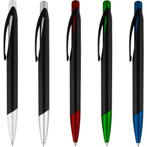 A set of five plastic pens featuring black bodies with coloured accents in white, red, green, and blue. Each pen has a clip.