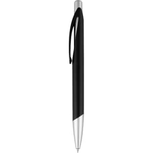 A plastic pen in black and silver with a sleek design and a clip for easy attachment. Features a branding logo.