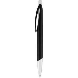A black plastic pen with a sleek design and silver tip, featuring a logo on its body.