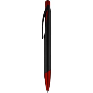 A plastic pen featuring a black barrel with red accents and a clip. It includes a branding logo.