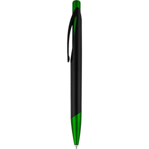 A plastic pen featuring a black body and a green accent. It has a clip and a logo.