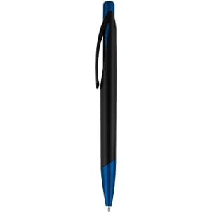 A plastic pen in black and blue, featuring a sleek design and a clip for easy attachment.