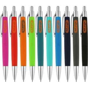 A collection of colourful pens in pink, orange, green, blue, and black, featuring silver accents and a logo.