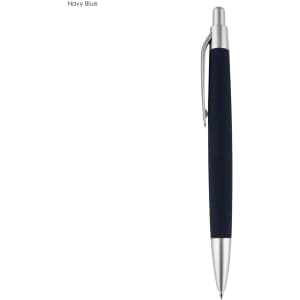 A navy blue pen with a silver clip and tip, featuring a sleek design and branding on the barrel.