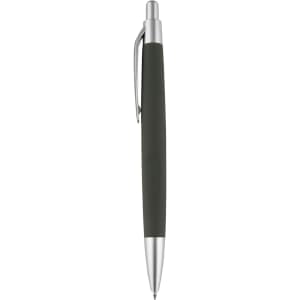A green pen with a silver clip and tip, featuring a textured grip and a smooth design.
