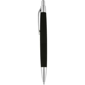 A black pen with a silver tip and clip, featuring a smooth, sleek design and a branded logo.