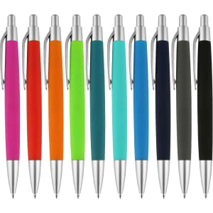 A collection of ten pens in vibrant colours, including pink, orange, teal, blue, and black, with silver accents.