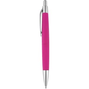 A pink pen with a silver clip and tip, featuring a smooth grip for comfortable writing.