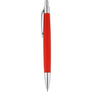 A red pen with a silver clip and tip, featuring a smooth, sleek design. It has a branding logo.