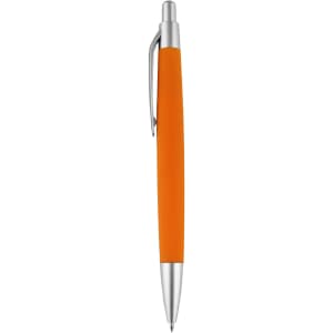 An orange pen with a silver clip and tip, featuring a sleek, modern design.