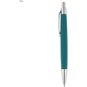 A teal pen with a silver clip and tip, featuring a sleek design and a branding logo.