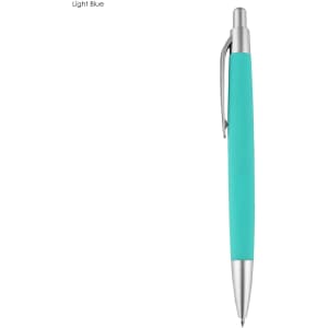 A light blue pen with a smooth grip and a silver clip, featuring a branding logo.