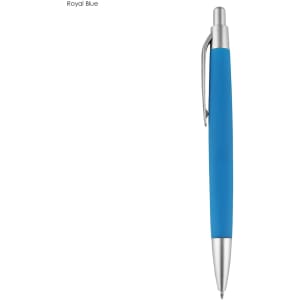 A royal blue pen with a sleek design and a silver clip, featuring a logo on the barrel.