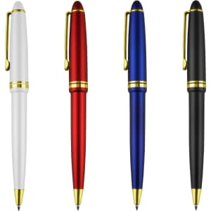 Four plastic pens in white, red, blue, and black, each featuring gold accents and a clip.