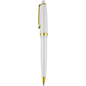 A white plastic pen with gold accents and a clip. The pen has a sleek and modern design.