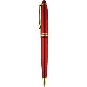 A red plastic pen with gold accents and a clip. Features a logo on the body.
