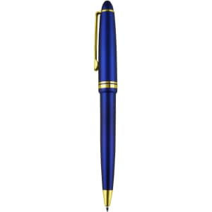 A blue plastic pen with gold accents and a clip, featuring a logo on its barrel.
